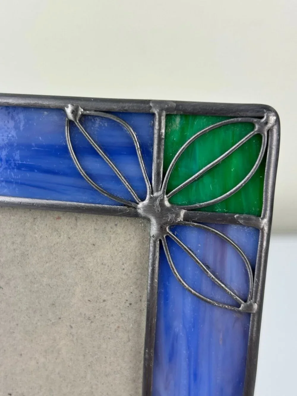 Vintage Stained Glass & Metal Picture Frame Blue Green Silver Home Decor